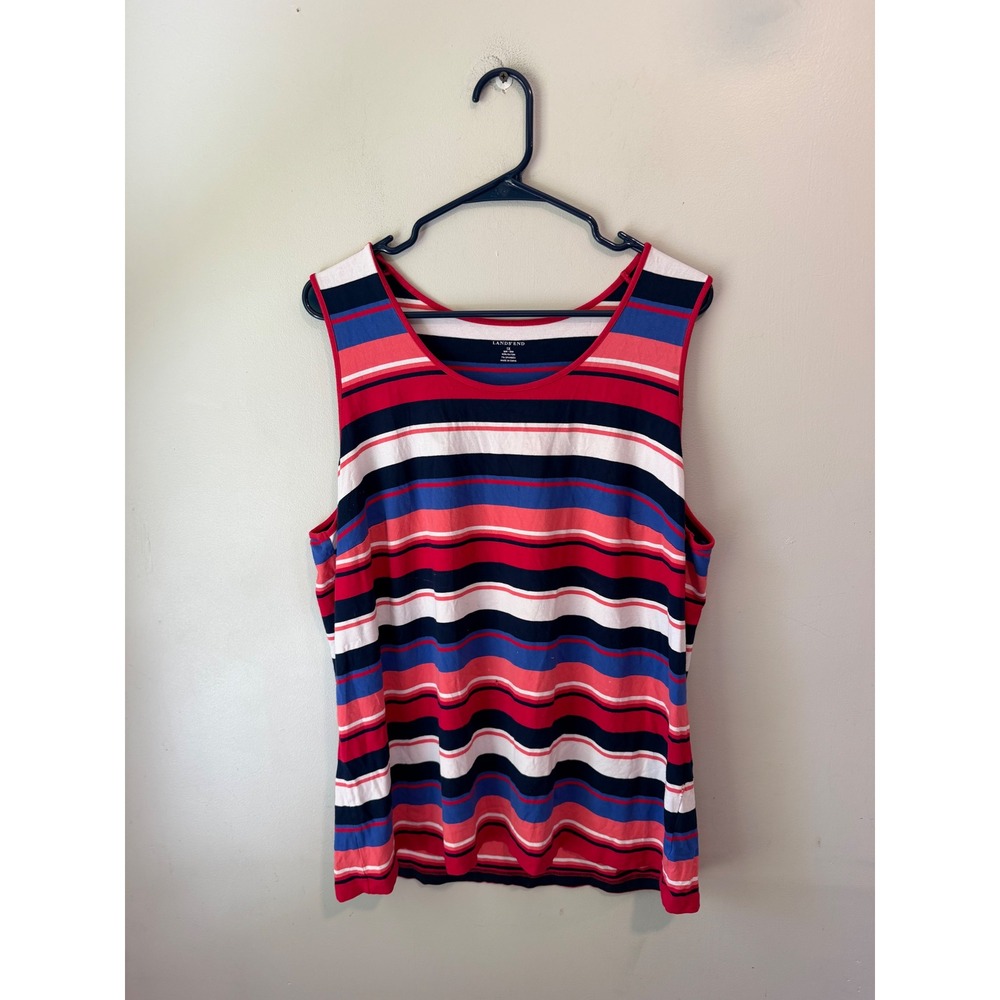 Lands End Womens 1X Striped Sleeveless Tank Top Red Blue White Stretch Scoop